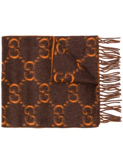Shop Gucci Gg Pattern Fringed Scarf - Brown