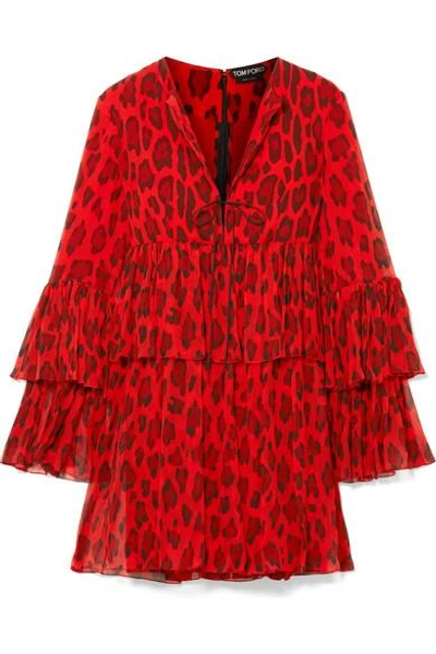 Shop Tom Ford Tiered Leopard-print Silk-crepon Mini Dress In Red