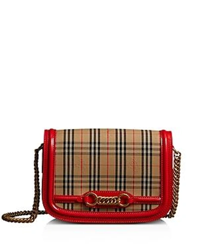 Shop Burberry 1983 Check Link Medium Fabric & Patent Leather Shoulder Bag In Bright Red/vintage Check/gold