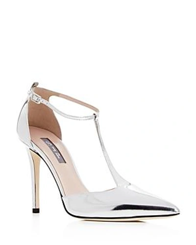 Shop Sjp By Sarah Jessica Parker Women's Taylor Patent Leather T-strap Pointed Toe Pumps In Silver