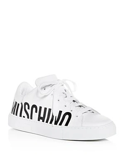 Shop Moschino Women's Monochrome Logo Leather Lace Up Sneakers In White