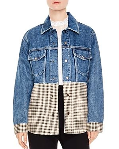 Shop Sandro Moorea Plaid Peplum Denim Jacket In Blue Vintage