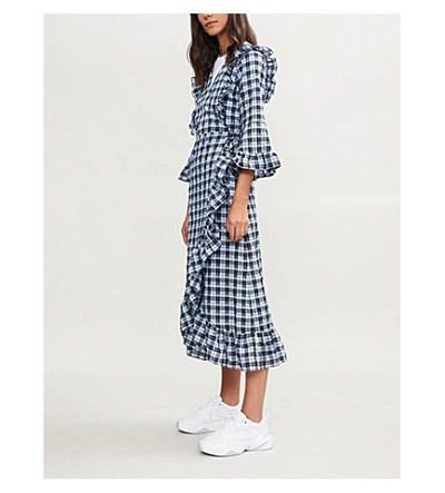 Ganni Charron Ruffled Checked Coated Cotton-blend Seersucker Wrap Dress In  Blue | ModeSens