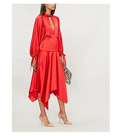 Shop Self-portrait Handkerchief-hem Satin Midi Dress In Red