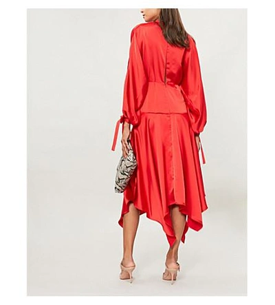 Shop Self-portrait Handkerchief-hem Satin Midi Dress In Red
