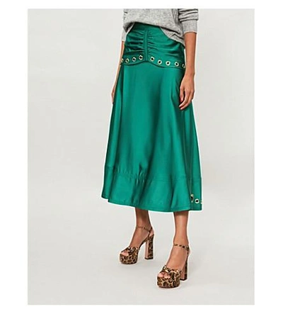 Shop Self-portrait Eyelet-embellished Satin Midi Skirt In Dark Green