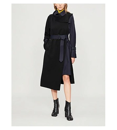 Shop Sacai Asymmetric Wool And Cotton Coat In Black/navy