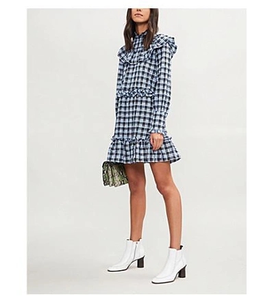 Shop Ganni Charron Checked Cotton-blend Mini Dress In Serenity Blue