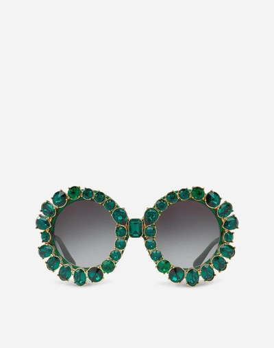 Shop Dolce & Gabbana Round Sunglasses With Colorful Crystals In Green