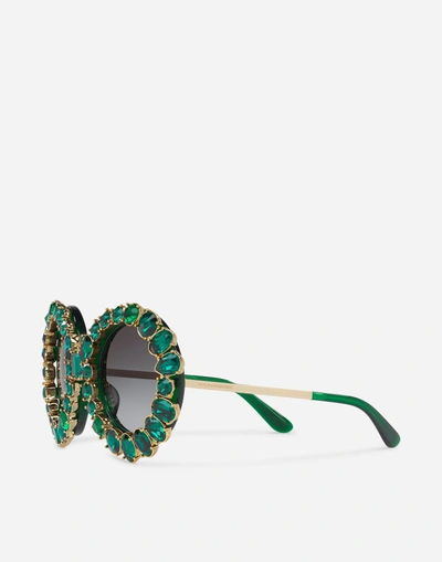 Shop Dolce & Gabbana Round Sunglasses With Colorful Crystals In Green