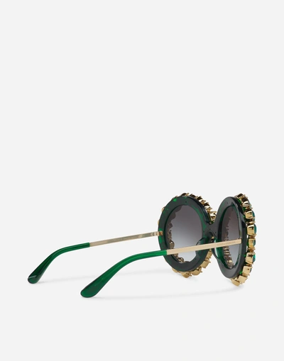 Shop Dolce & Gabbana Round Sunglasses With Colorful Crystals In Green