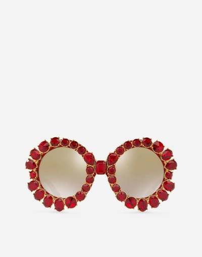 Shop Dolce & Gabbana Round Sunglasses With Colorful Crystals In Red Transparent