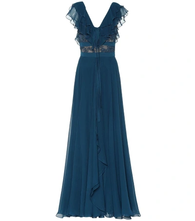 Shop Elie Saab Silk-blend And Lace Gown In Blue