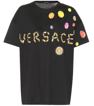 Shop Versace Embellished Printed Cotton T-shirt In Black