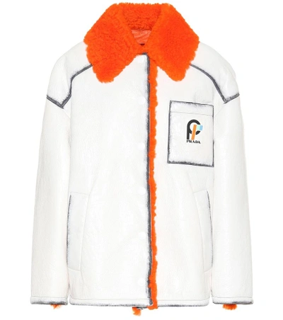 Shop Prada Shearling-trimmed Leather Jacket In White
