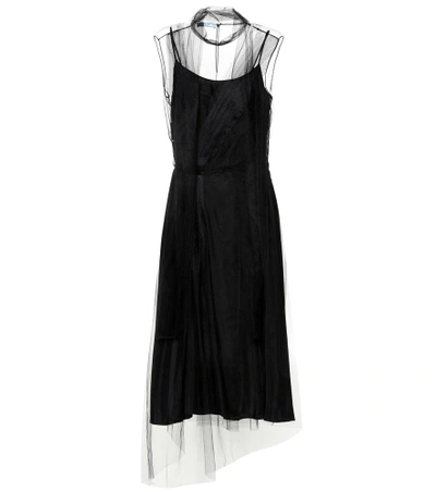 Shop Prada Silk And Tulle Midi Dress In Black