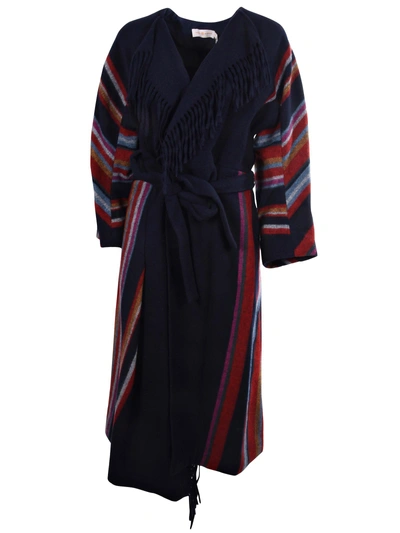Shop Tory Burch Wrap Fringed Coat In Vivid Stripe Blanket Coating