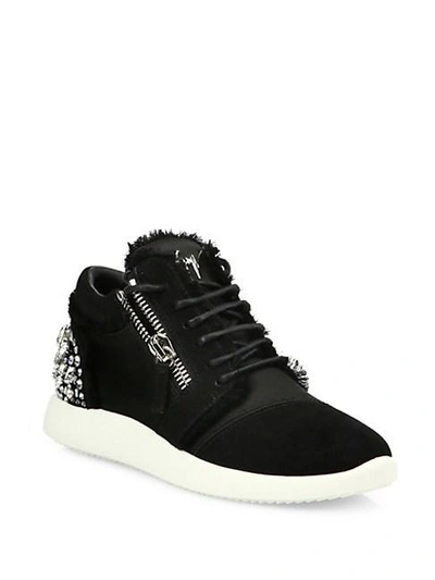 Shop Giuseppe Zanotti Crystal-embellished Suede & Satin Side-zip Sneakers In Black