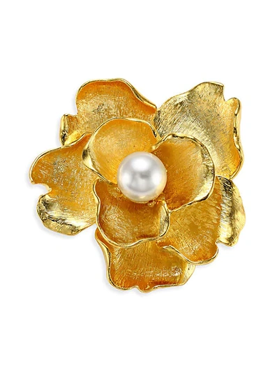 Shop Kenneth Jay Lane Faux-pearl Flower Brooch In Gold