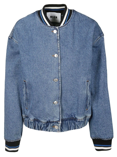 Shop Msgm Denim Bomber In Blue