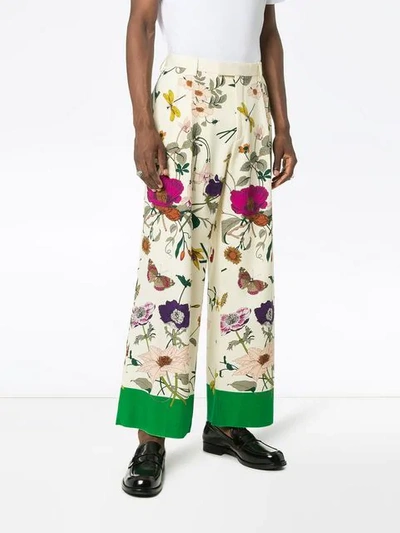 Shop Gucci Floral Print Wide-leg Wool Trousers In White