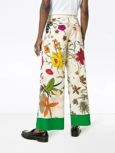 Shop Gucci Floral Print Wide-leg Wool Trousers In White