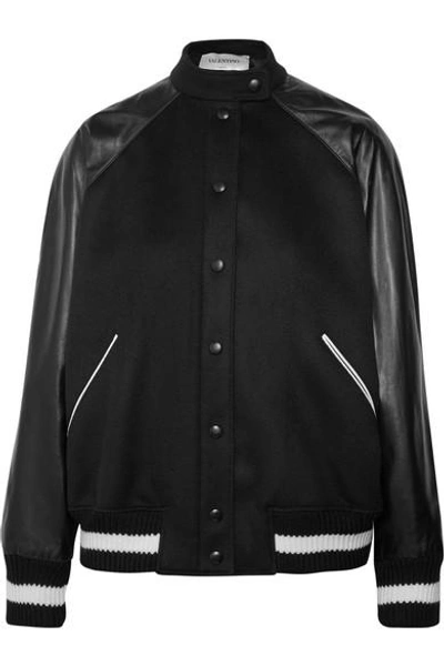 Shop Valentino Leather And Appliquéd Wool-blend Bomber Jacket In Black