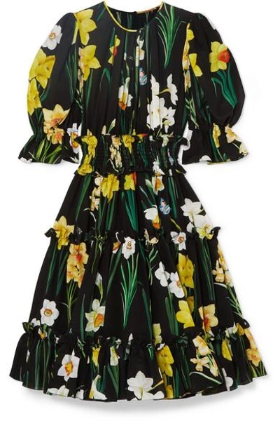 Shop Dolce & Gabbana Floral-print Silk-chiffon Dress In Black