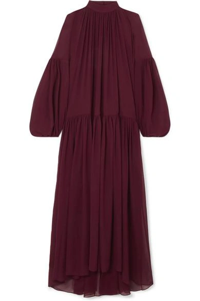 Shop Stella Mccartney Oversized Gathered Silk-chiffon Maxi Dress In Burgundy