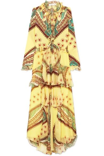 Shop Etro Ruffled Printed Silk-crepon And Crepe De Chine Maxi Dress In Yellow