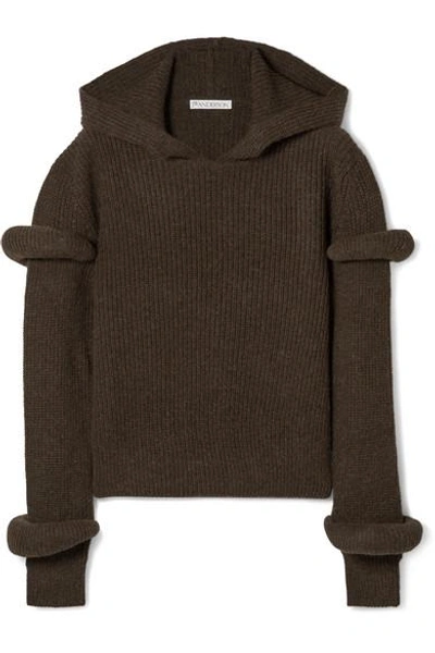 Shop Jw Anderson Hooded Ribbed Wool And Alpaca-blend Sweater In Army Green