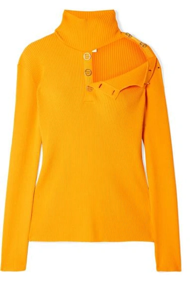 Shop Dion Lee Cutout Ribbed Stretch-knit Turtleneck Sweater In Marigold