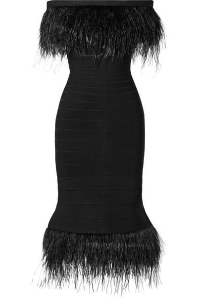 Shop Herve Leger Off-the-shoulder Feather-trimmed Bandage Dress In Black