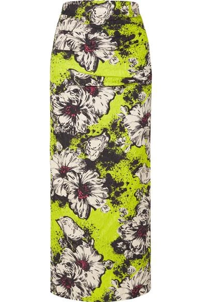 Shop Miu Miu Ruched Floral-print Silk-blend Cloqué Midi Skirt In Green