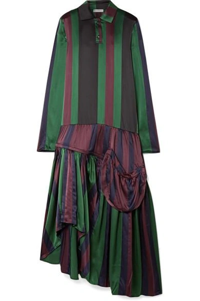 Shop Jw Anderson Oversized Asymmetric Striped Silk-charmeuse Dress In Green