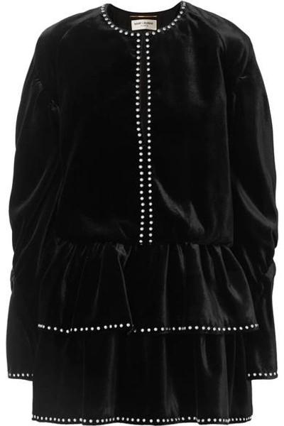 Shop Saint Laurent Studded Ruffled Velvet Mini Dress In Black