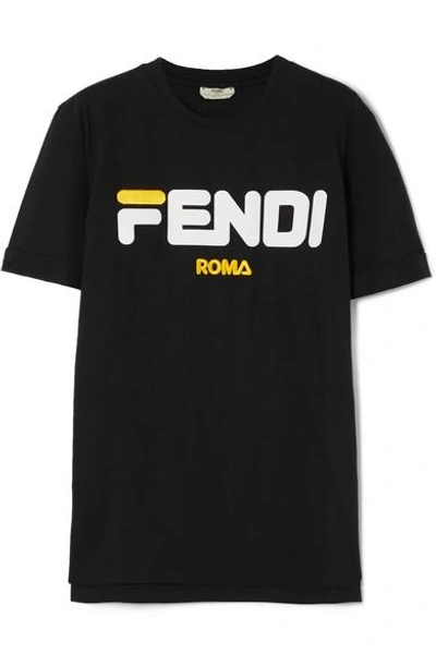 Shop Fendi Flocked Embroidered Cotton-jersey T-shirt In Black