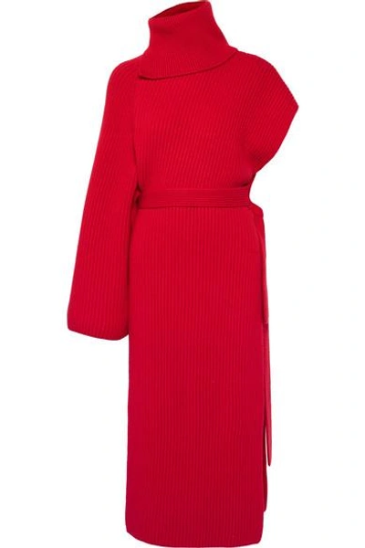 Shop Rosetta Getty One-sleeve Ribbed Cashmere Turtleneck Tunic In Red