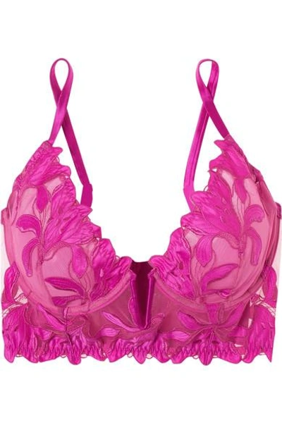 Shop Fleur Du Mal Lily Embroidered Satin And Stretch-tulle Underwired Bra In Fuchsia
