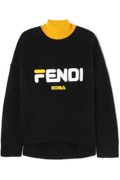 Shop Fendi Embroidered Wool And Cashmere-blend Turtleneck Sweater In Black