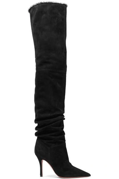 Shop Amina Muaddi Barbara Crystal-trimmed Suede Over-the-knee Boots In Black