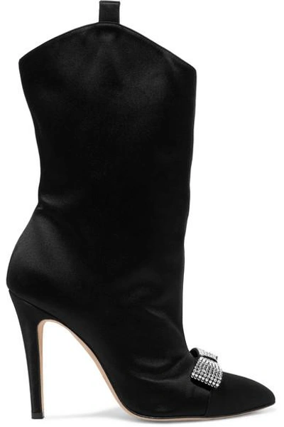 Shop Alessandra Rich Crystal-embellished Satin Ankle Boots In Black