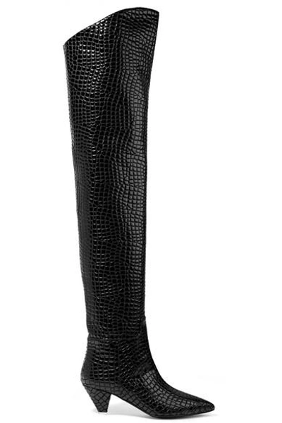 Shop Attico Asia Croc-effect Leather Over-the-knee Boots In Black