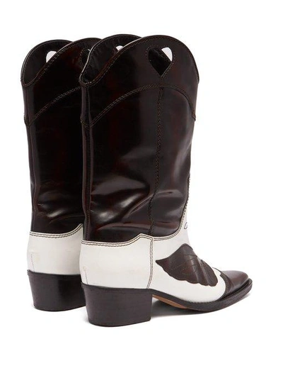 Ganni White And Dark Brown Marlyn 45 Leather Cowboy Boots In Ebony/white |  ModeSens