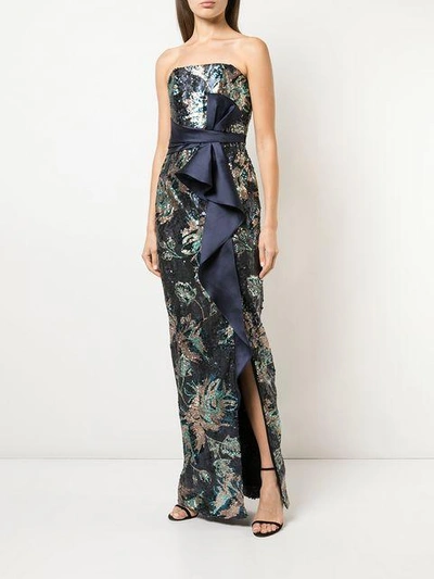 Shop Marchesa Notte Sequined Peony Evening Gown In Blue