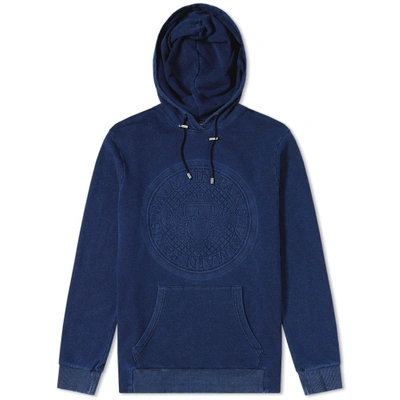 Shop Balmain Embossed Logo Popover Hoody In Blue