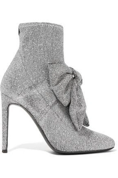 Shop Giuseppe Zanotti Natalie Bow-embellished Glittered Stretch-knit Sock Boots In Silver