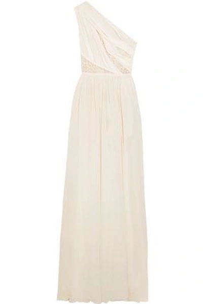 Shop Elie Saab Woman One-shoulder Lace-paneled Draped Silk-crepe Gown Off-white