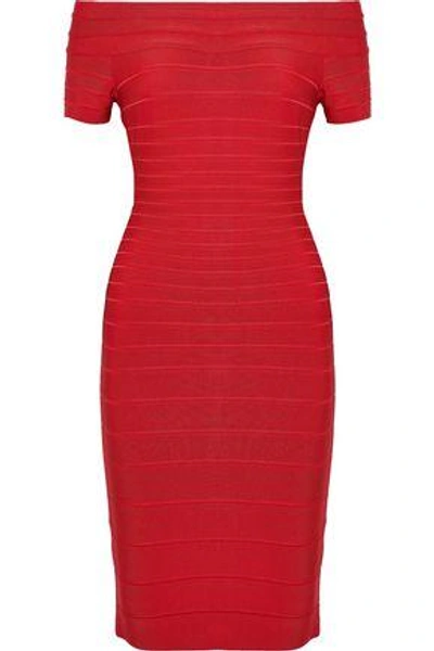 Shop Herve Leger Off-the-shoulder Bandage Dress Red