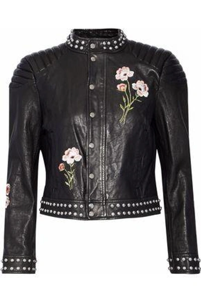 Shop Cinq À Sept Woman Kinu Studded Embroidered Leather Jacket Black